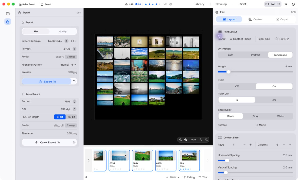 The negaflow print workspace with 34 photographs arranged on one sheet